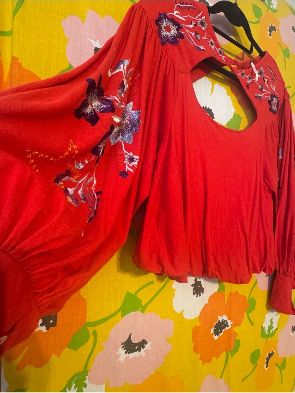 Free People Red Embroidered Cutout Peasant Blouse